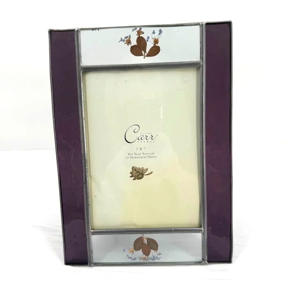 Vintage 1999 Carr Burnes Boston Stained Glass 5x7 Frame Pressed Flowers Purple